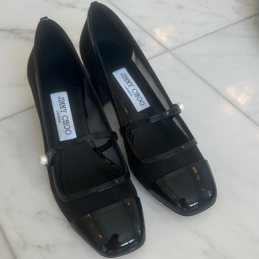 Jimmy Choo Elisa Black Heels with Pearl Accent